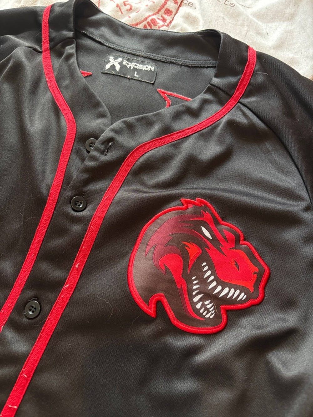 Excision Black Red Baseball Jersey with Dino Patch - Picture 2 of 3